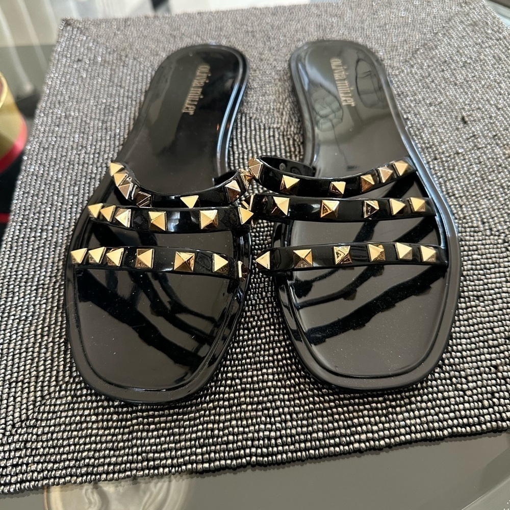 Olivia Miller gold stud black PVC Jelly sandals Size 9